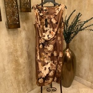 Talbots Brown/Ivory Satiny Sleeveless Dress w/ Belt. Ruffle at Neckline. Size 14